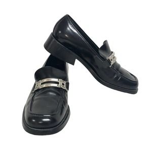 Via Spiga Women’s Black Leather Shoes Size 6.5B Slip On Flat 1” Heel Buckle